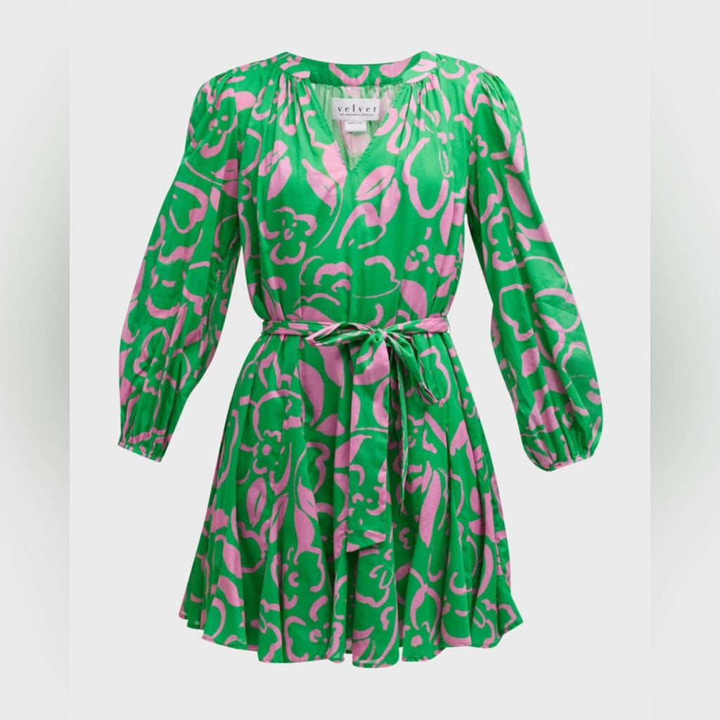 Velvet Kiki Short Tie-Belt Printed Cotton Dress in Green/Link, Size XS NWT