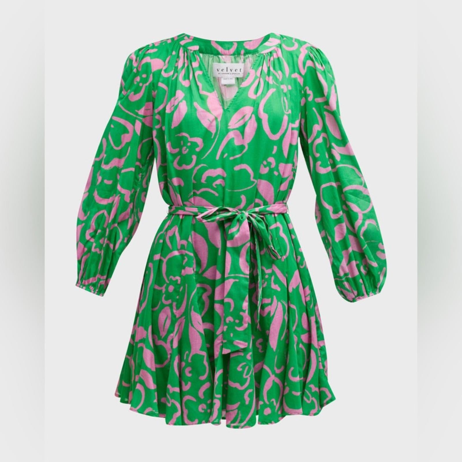 Velvet Kiki Short Tie-Belt Printed Cotton Dress in Green/Link, Size XS NWT