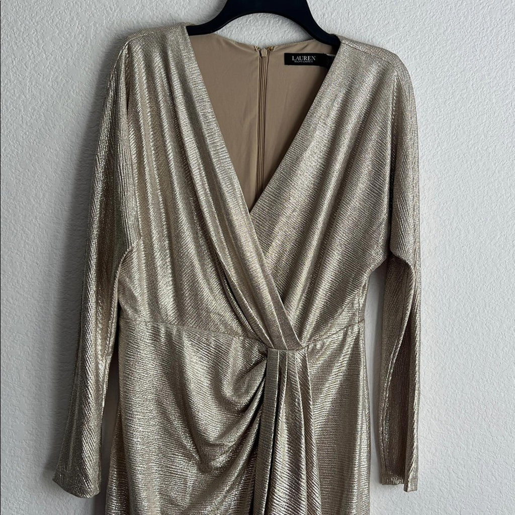 Lauren Ralph Lauren Metallic Stretch Knit Cocktail Dress in Tan/Gold, Size 8 NWT