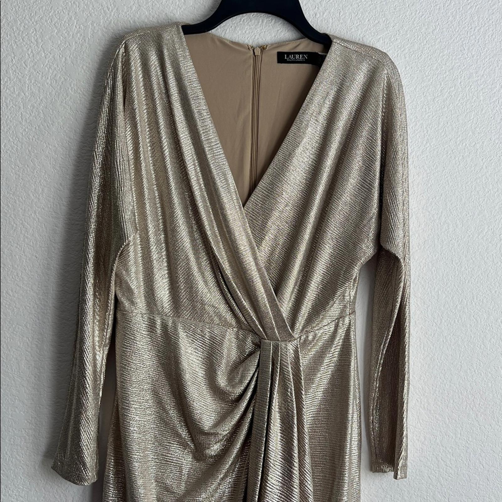 Lauren Ralph Lauren Metallic Stretch Knit Cocktail Dress in Tan/Gold, Size 8 NWT