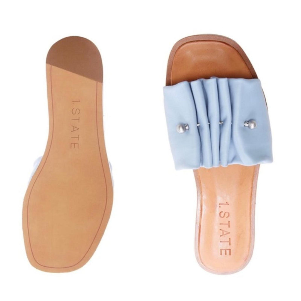 1.State Blue Fann Ruched Leather Slide Sandals, Size 7.5 New in Box