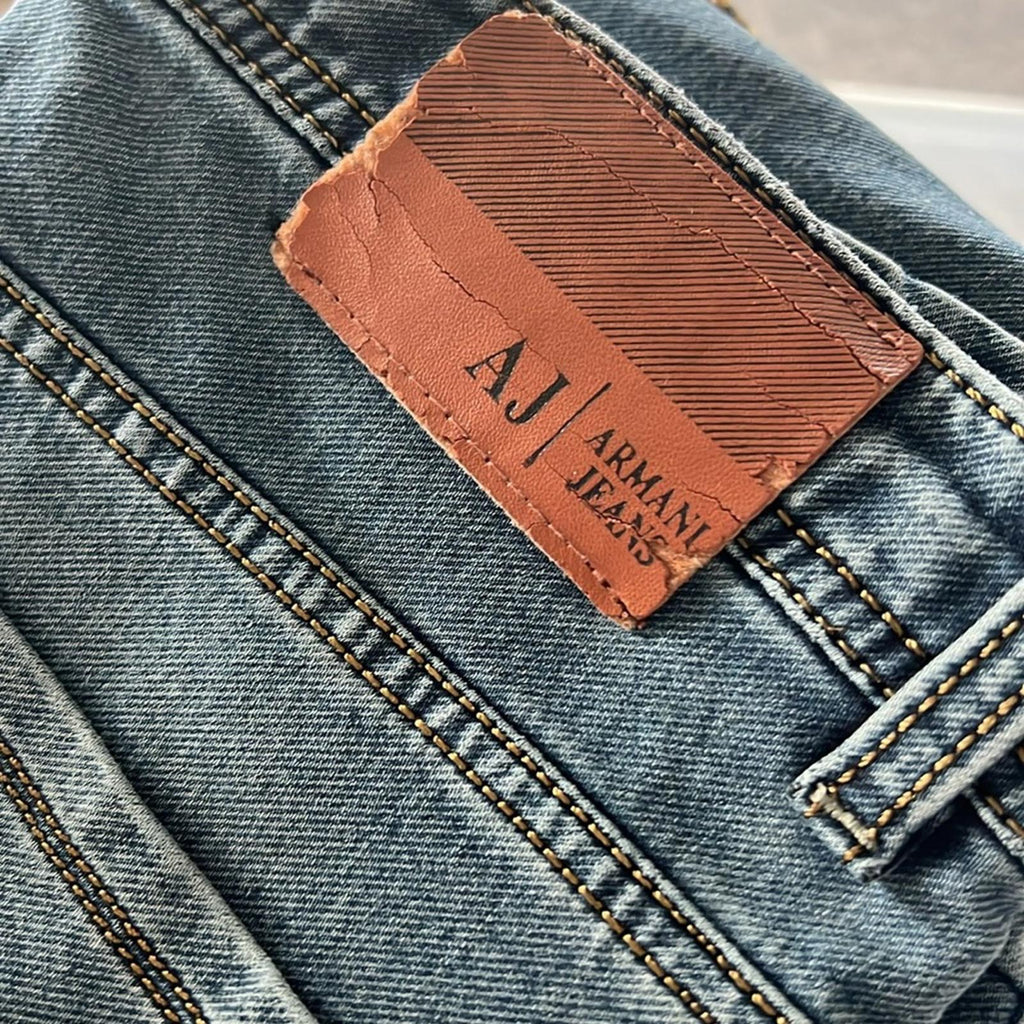 Emporio Armani Blue Jeans w/Leather Patch, Size 32