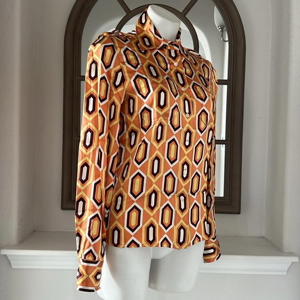 Tory Burch Silk Button Up Shirt in Orange Multi Size 6 EXCELLENT!