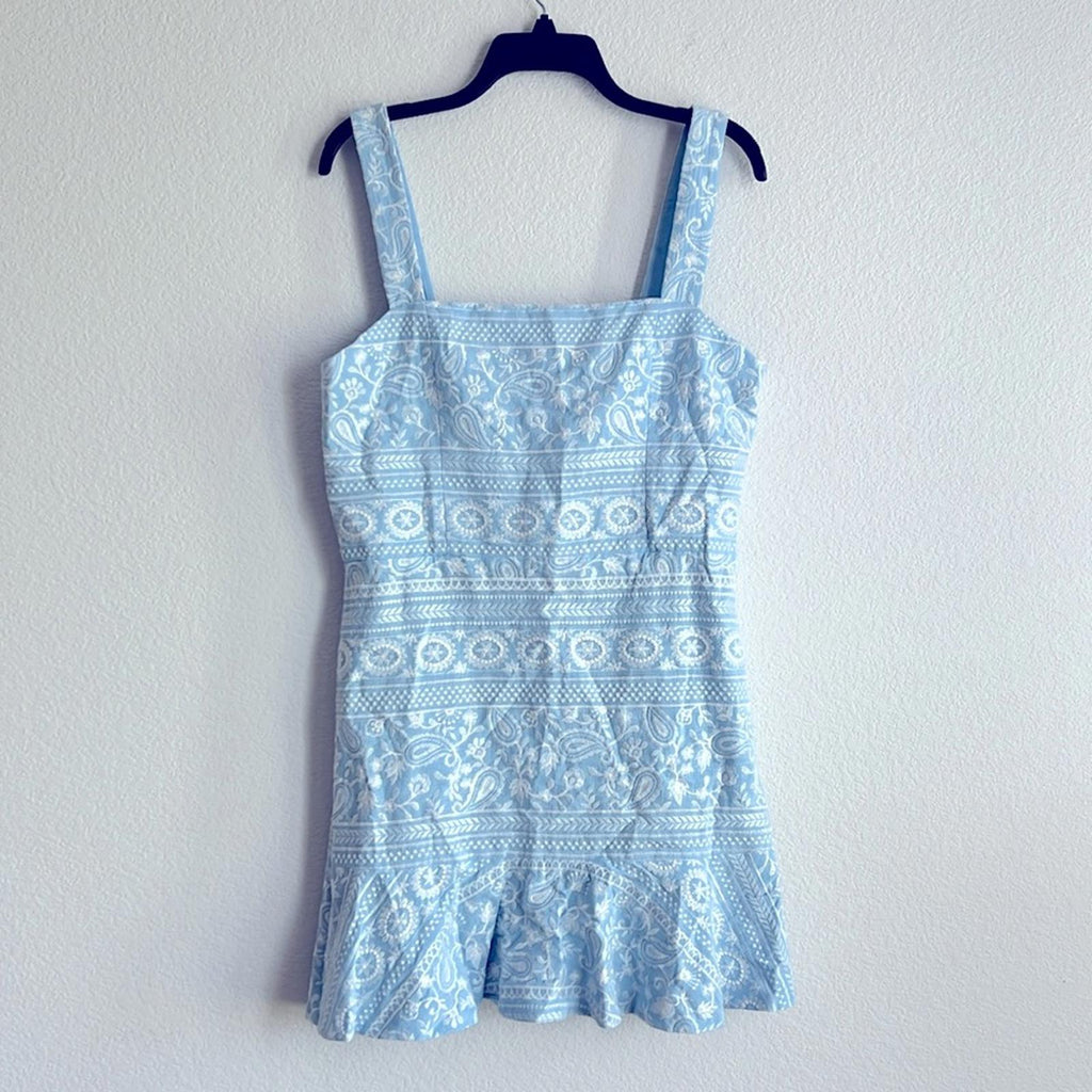 Alice & Olivia Kaidra Embroidered Mini Dress, Chambray/White Size 14 NEW w/Tag