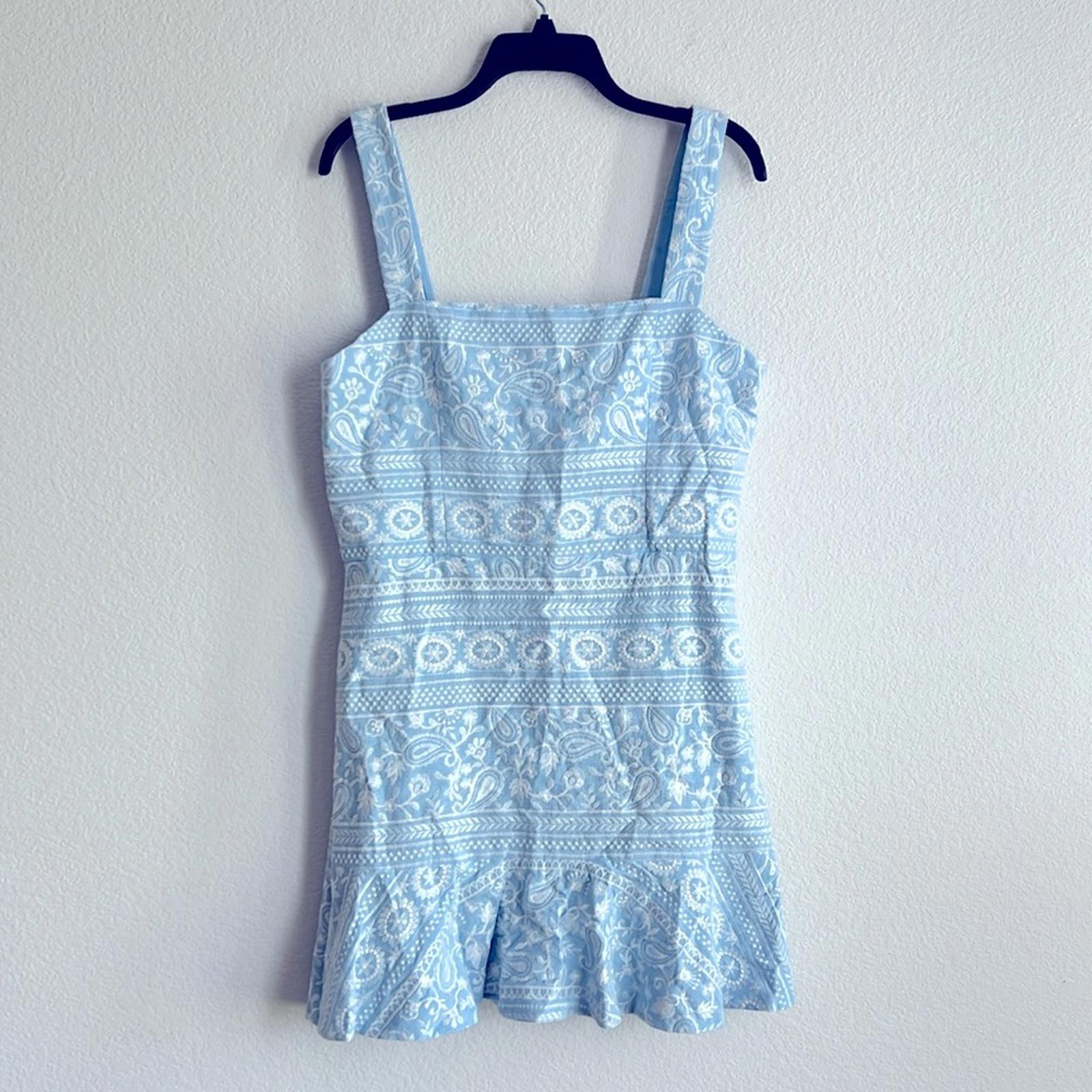 Alice & Olivia Kaidra Embroidered Mini Dress, Chambray/White Size 14 NEW w/Tag