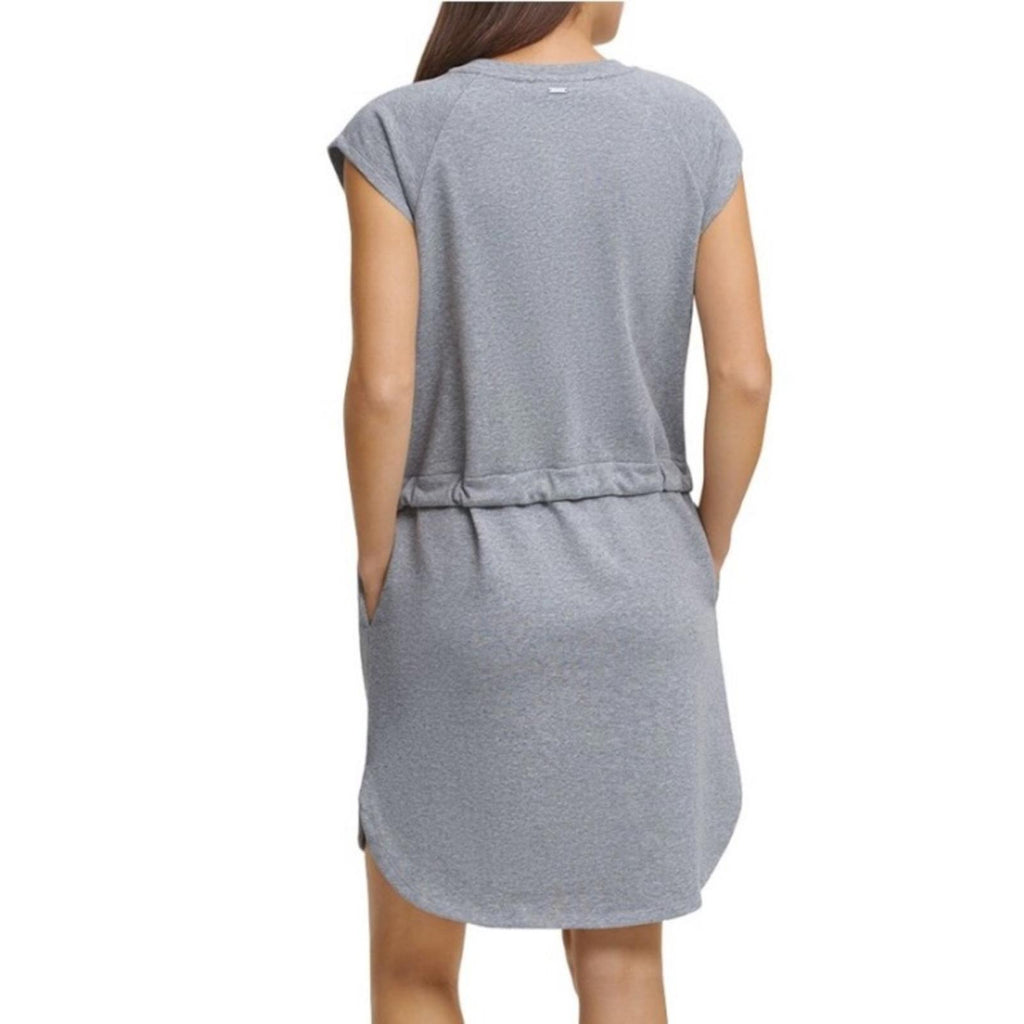 DKNY Lace Drawstring-Waist Crewneck Short Shift Dress Heather Grey, NWT, Size M