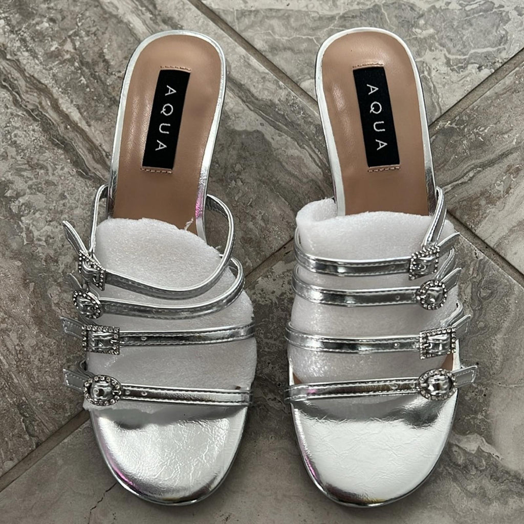 AQUA Luis Strappy Buckled Mid Heel Sandals in Silver, Size 8 NEW in Box