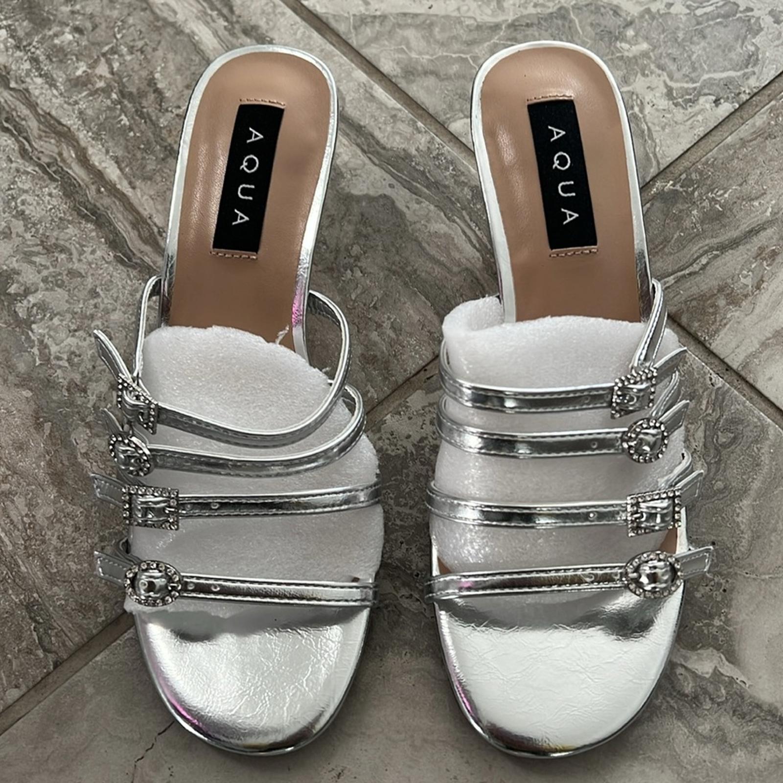 AQUA Luis Strappy Buckled Mid Heel Sandals in Silver, Size 8 NEW in Box