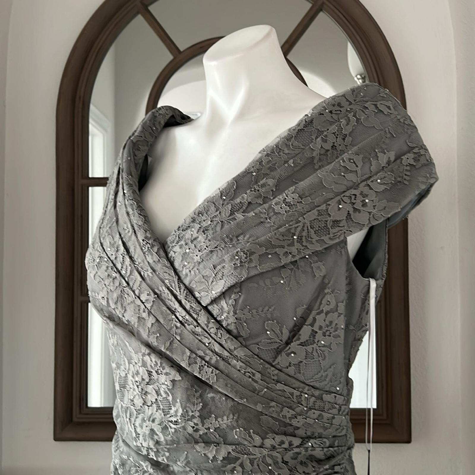 La Femme Lace Off the Shoulder Cap Sleeve Evening Dress in Platinum Size 16 NWT