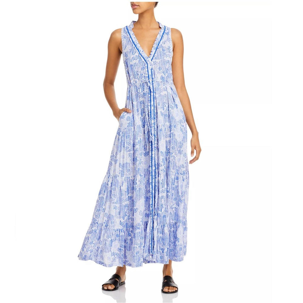 Poupette St. Barth Nana Printed Maxi Dress Revolve Blue Begonia Size L New w/Tag