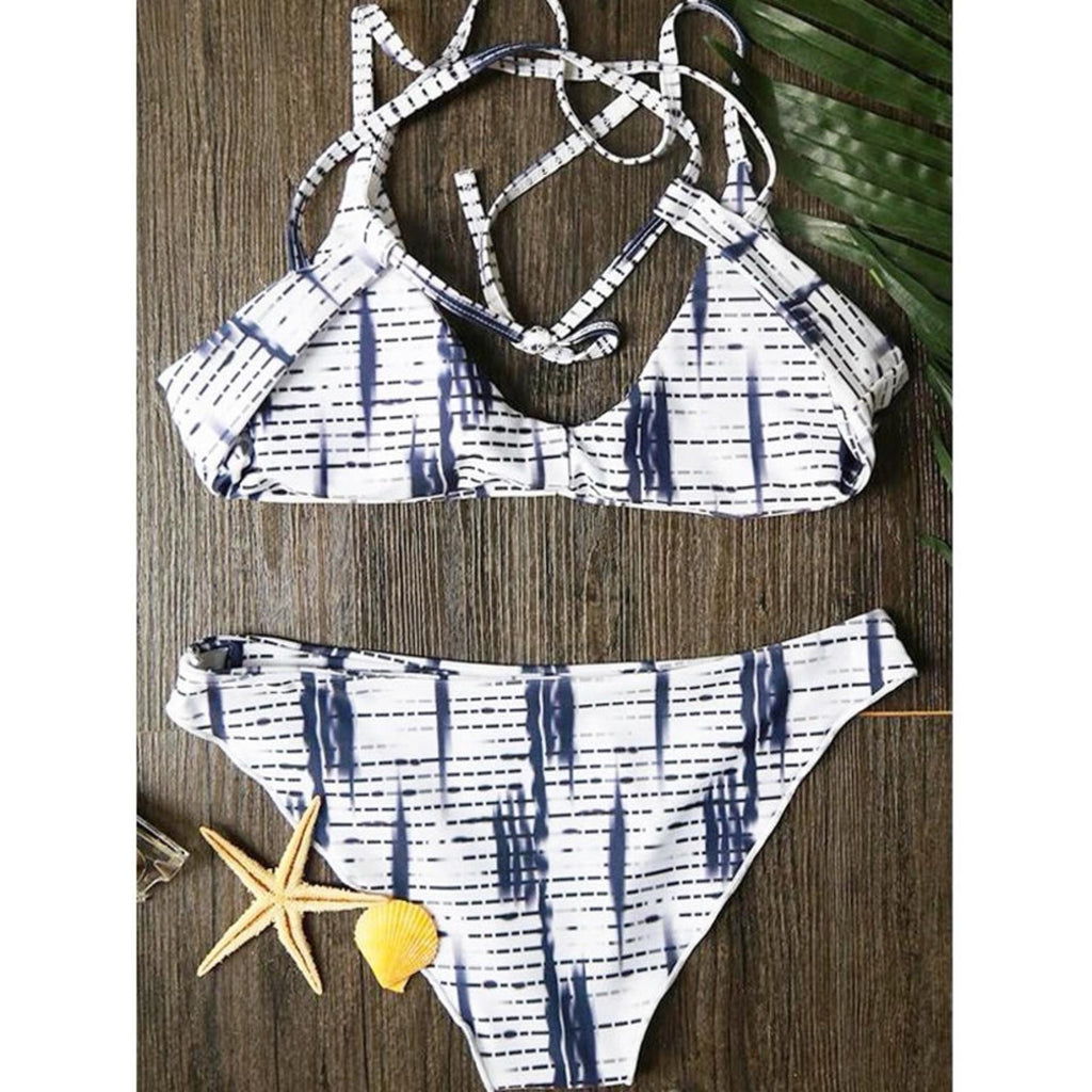 ZAFUL Blue Stripe Printed Cross Back Bikini Set Size L NEW