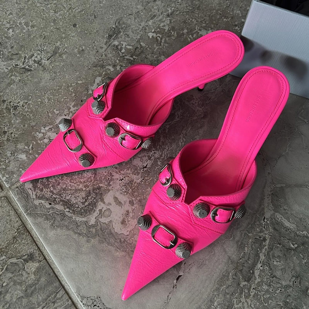 Balenciaga Cagole Pointed Toe Mules Mule in Fluo Pink/Aged Nickel, Size 37 NEW