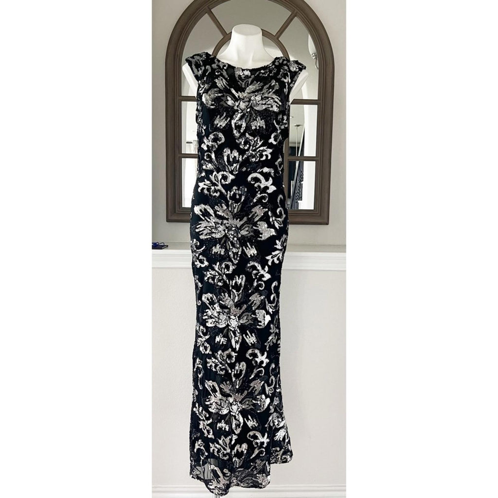 Badgley Mischka Midnight Swirl Long Formal Dress, Black Silver Size 10 $850
