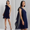 Lauren Ralph Lauren One-Shoulder Satin-Trim Dress in Navy, Size 2, NEW