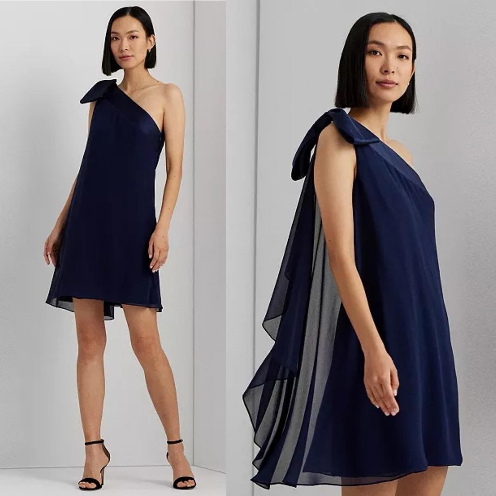 Lauren Ralph Lauren One-Shoulder Satin-Trim Dress in Navy, Size 2, NEW
