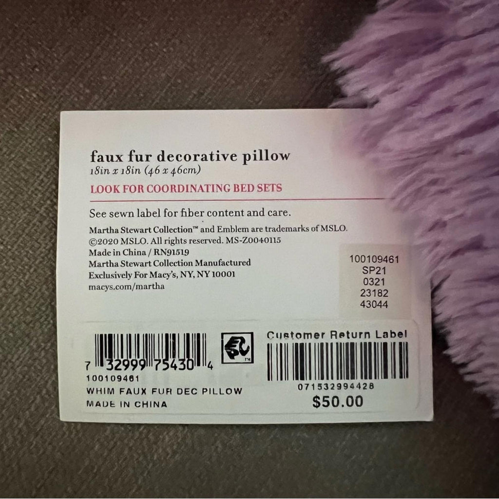 Whim by Martha Stewart TWO Faux-Fur 18' Square Decorative Pillow Purple NWT $100