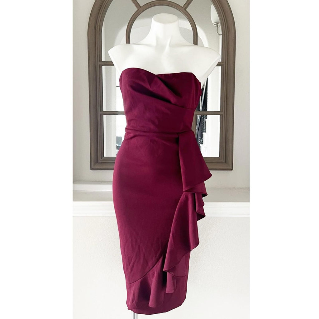 Dress the Population Liv Strapless Ruffled Dress, Burgundy Size S New w/Tag