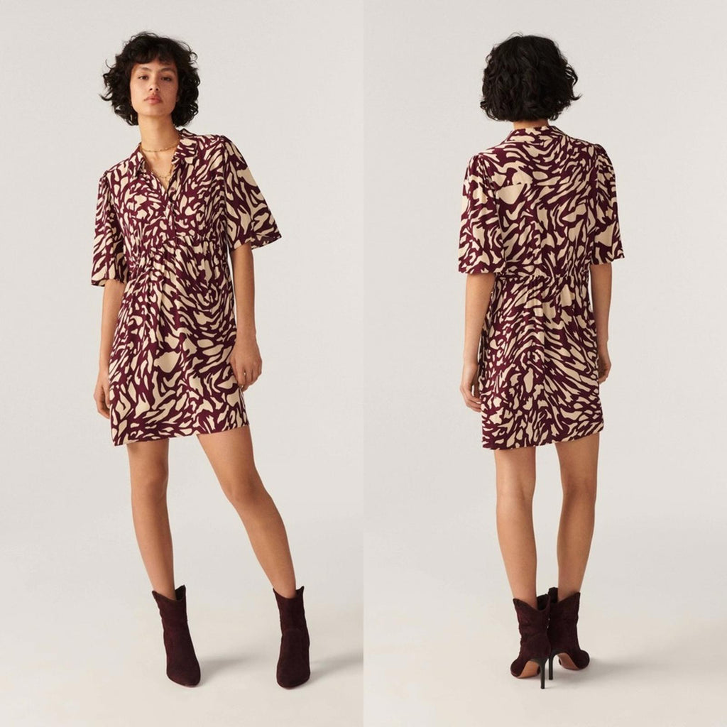 NEW ba&sh Groove Graphic Print Shirt Dress, Bordeaux Size 3/L Retail $295