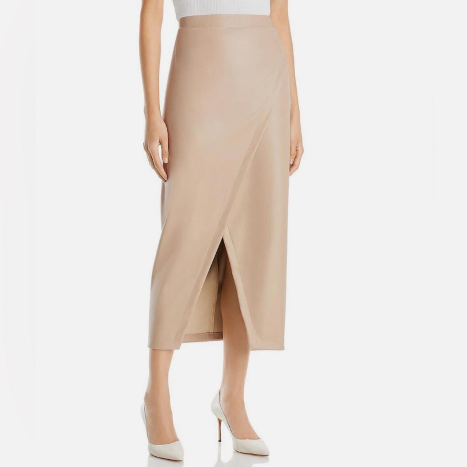 Enza Costa Leather Midi Pull On Wrap Skirt, Putty/Beige Size 2 New w/Tag