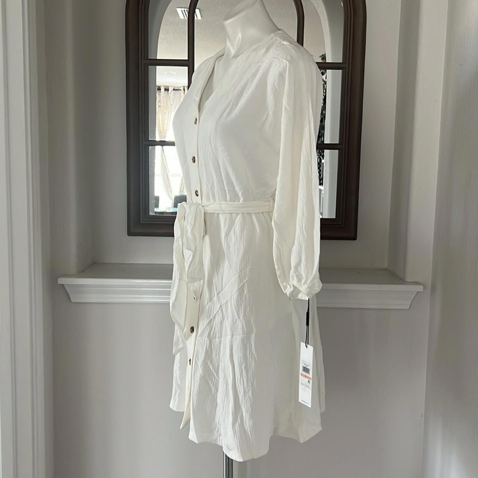 NEW Calvin Klein Button-Down Belted Shirtdress w/Pockets, White Size 2 NWT $134