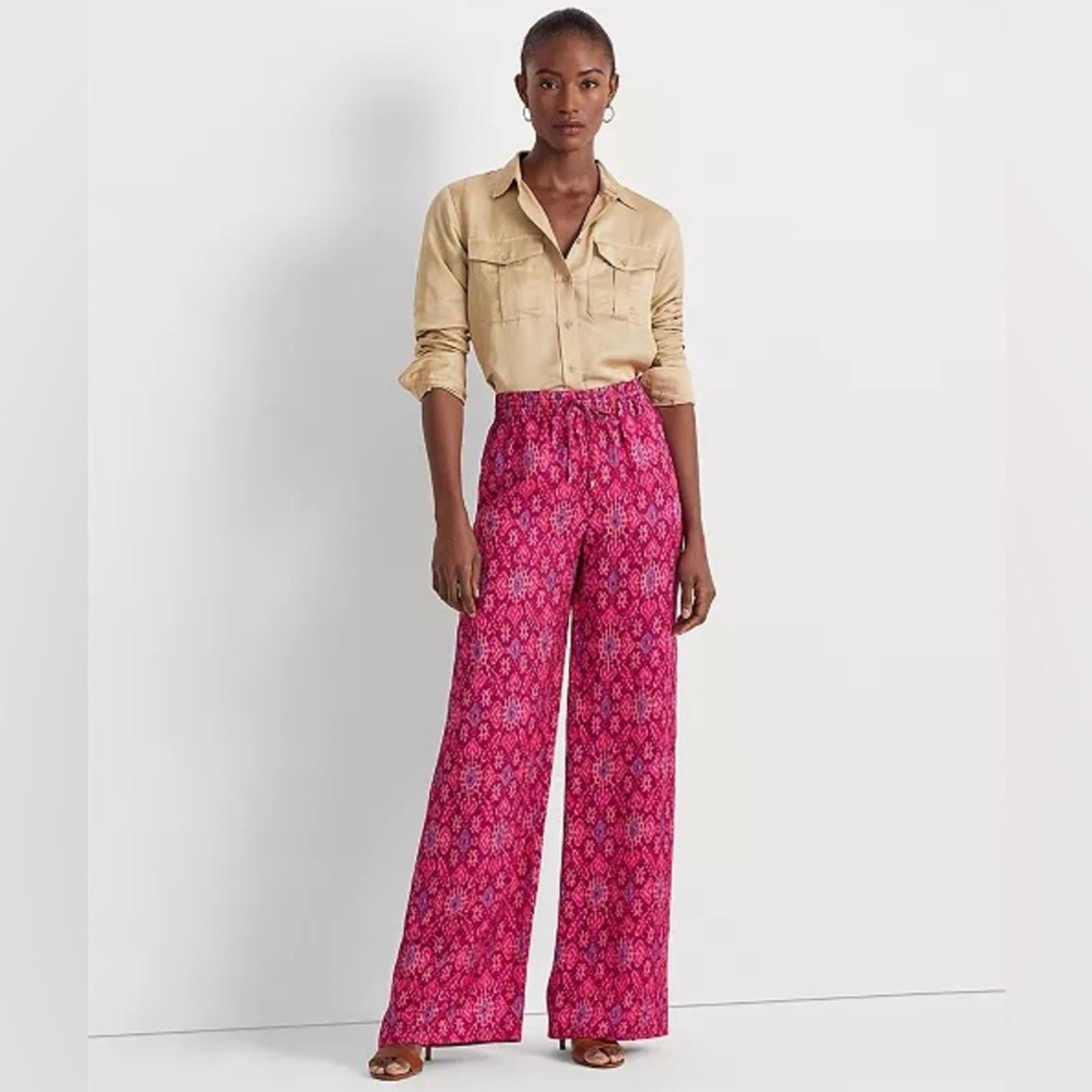 Lauren Ralph Lauren Geo-Print Satin Shantung Wide-Leg Pants, NWT, Size XL