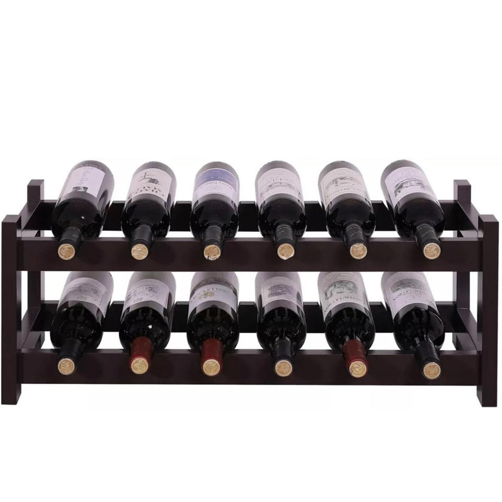 VASAGLE 12-Wooden Wine Rack, 2-Tier Tabletop Bottles Storage Shelf, Espresso