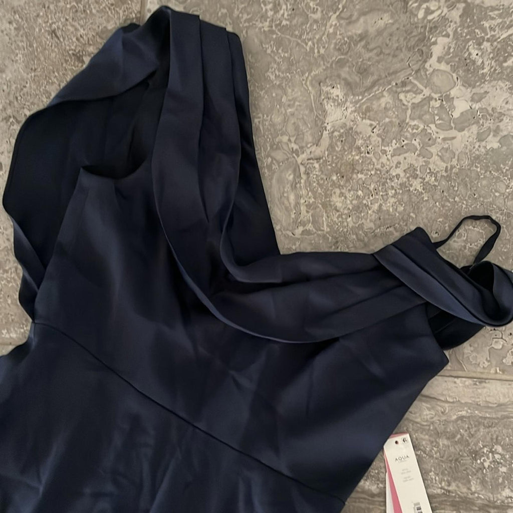 Aqua Asymmetrical Neckline Full-Length Evening Gown in Dark Navy Size 0 NWT $368