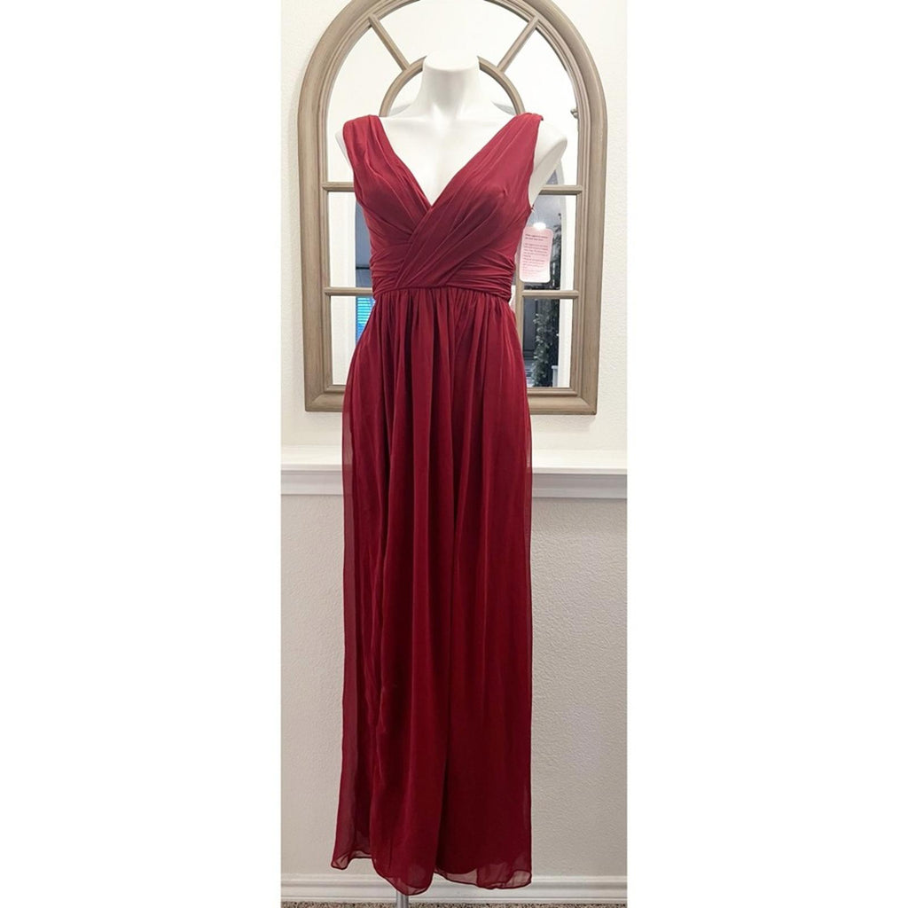 Dessy Floor Length Chiffon Shirred Skirt V-Neck Draped Dress in Burgundy Size 2