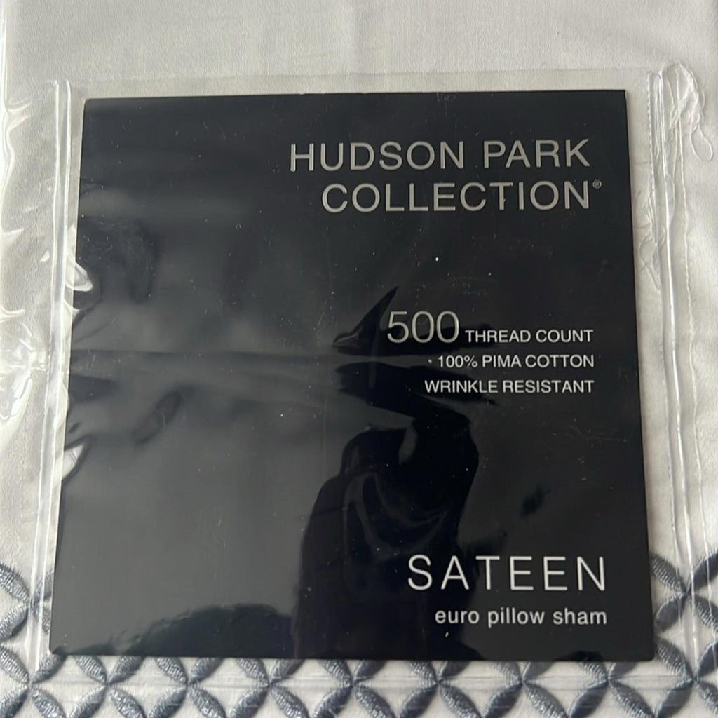 Hudson Park Collection Embroidered Geo Euro Sham in White/Blue, New w/Tag