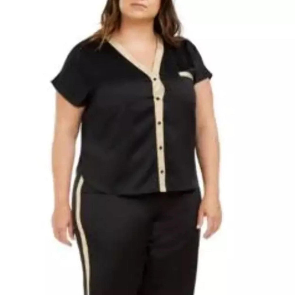 INC Metallic Tuxedo Stripe Satin Pajamas Set in Deep Black, Plus Size 3X NWT