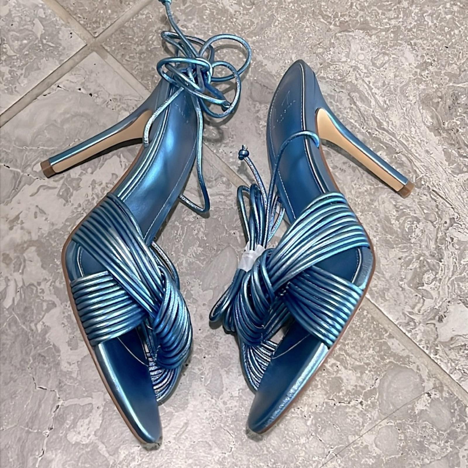 Marc Fisher LTD Brista Metallic Twist Ankle Tie Sandals Lt Blue, NWT, Size 7.5