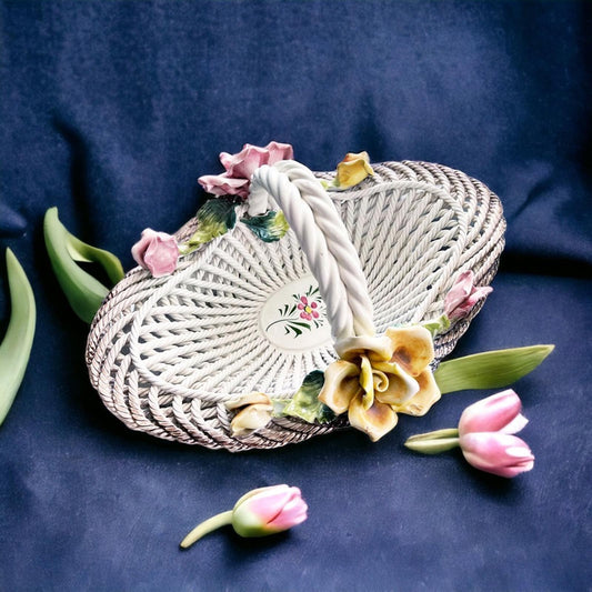 Capodimonte Large Woven Porcelain Floral Basket Classic Style, *RARE*