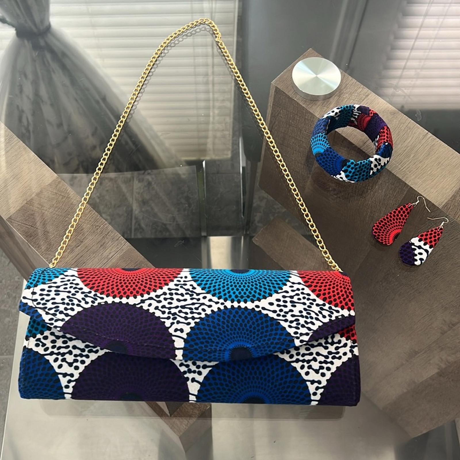 NEW Handmade 5-Piece Ankara Clutch Bag, White Blue Red (No tags)