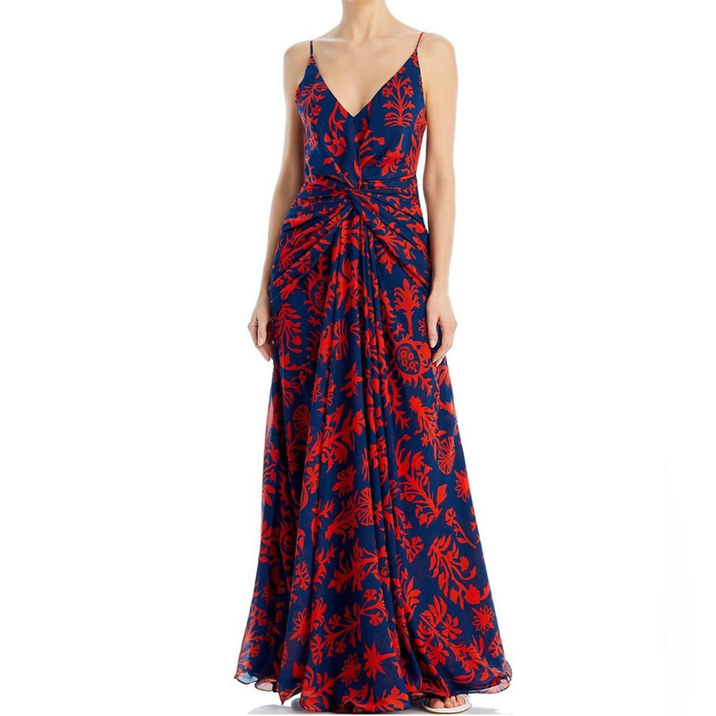 Andres Otalora Printed Chiffon Tie Back Gown in Blue & Red, NWT, Size 0