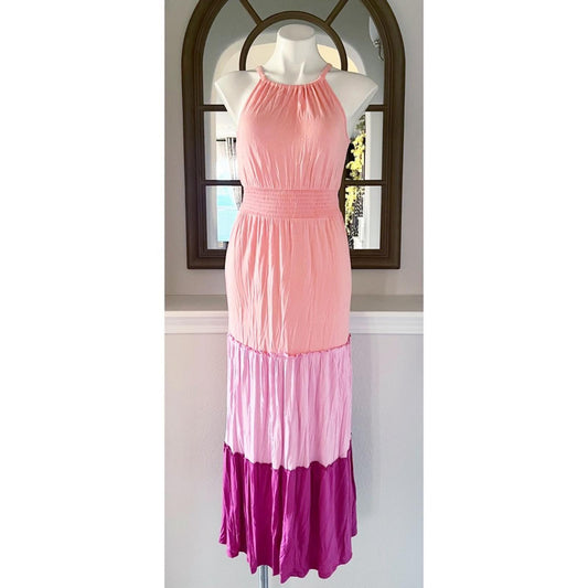 Adyson Parker Color Block Sleeveless Tiered Maxi Dress, Neon Peach Combo NWT