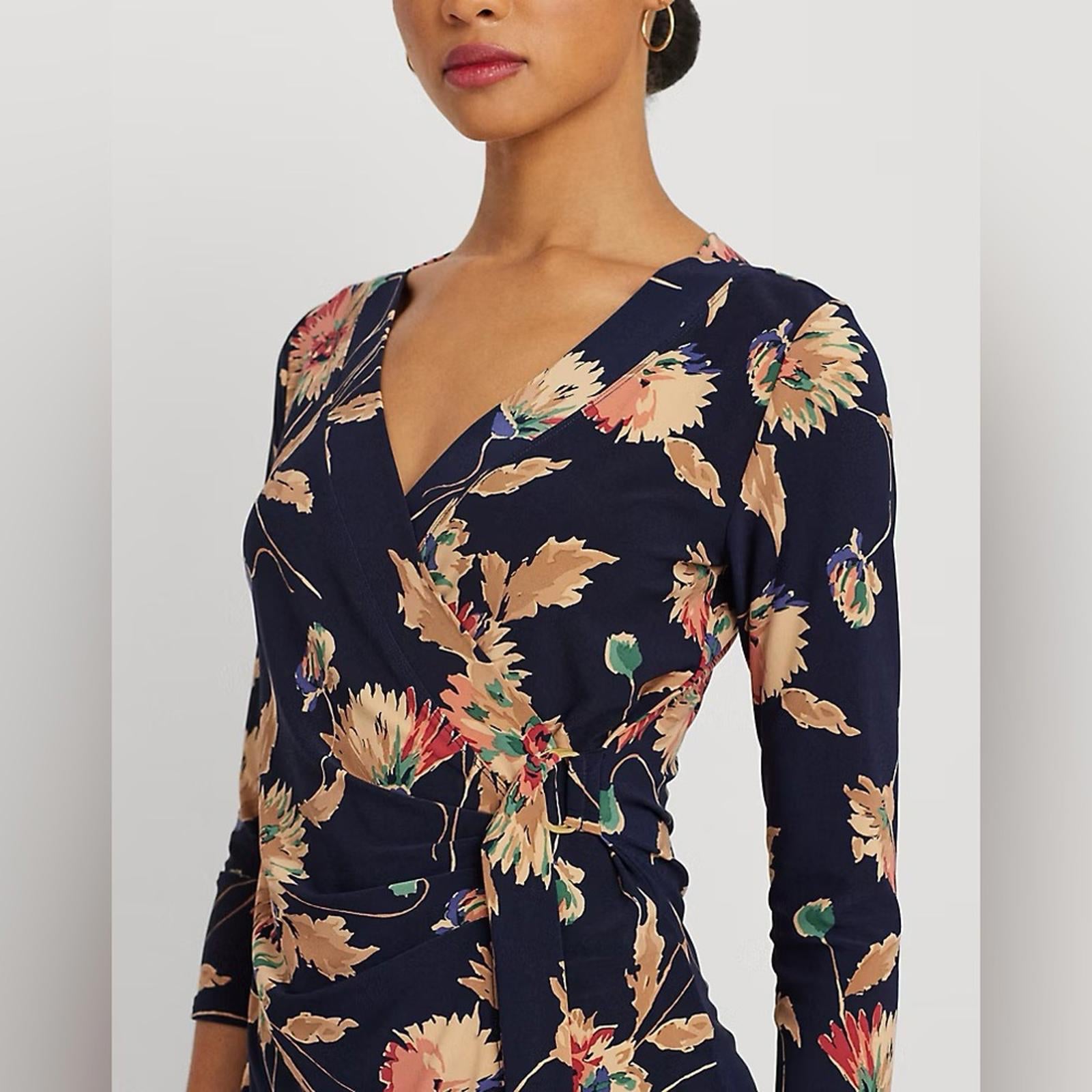 Lauren Ralph Lauren Floral Stretch Jersey Top in Navy Tan Multi Size 1X NWT