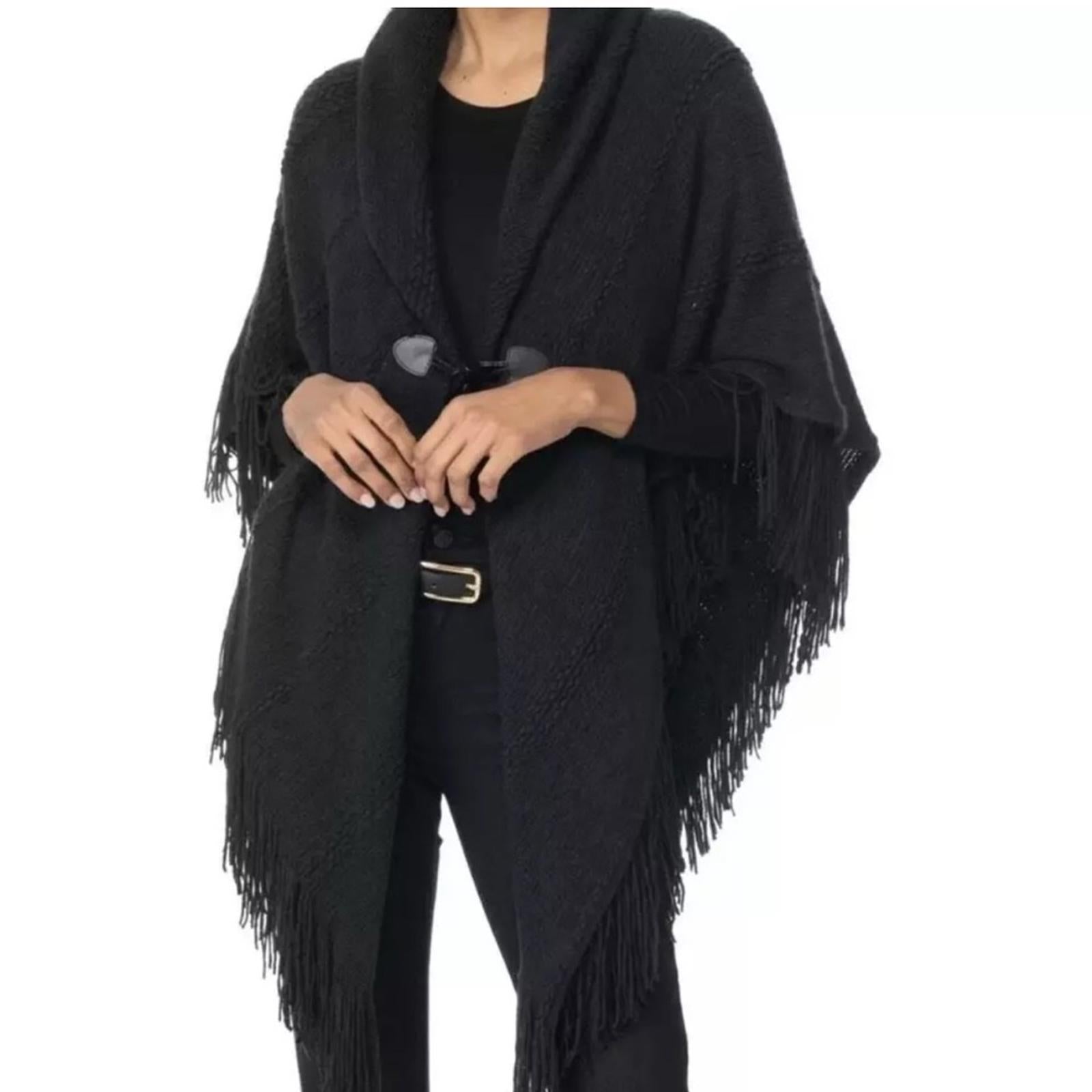 Charter Club Raschel Knit Toggle Poncho Wrap in Black, One Size NWT