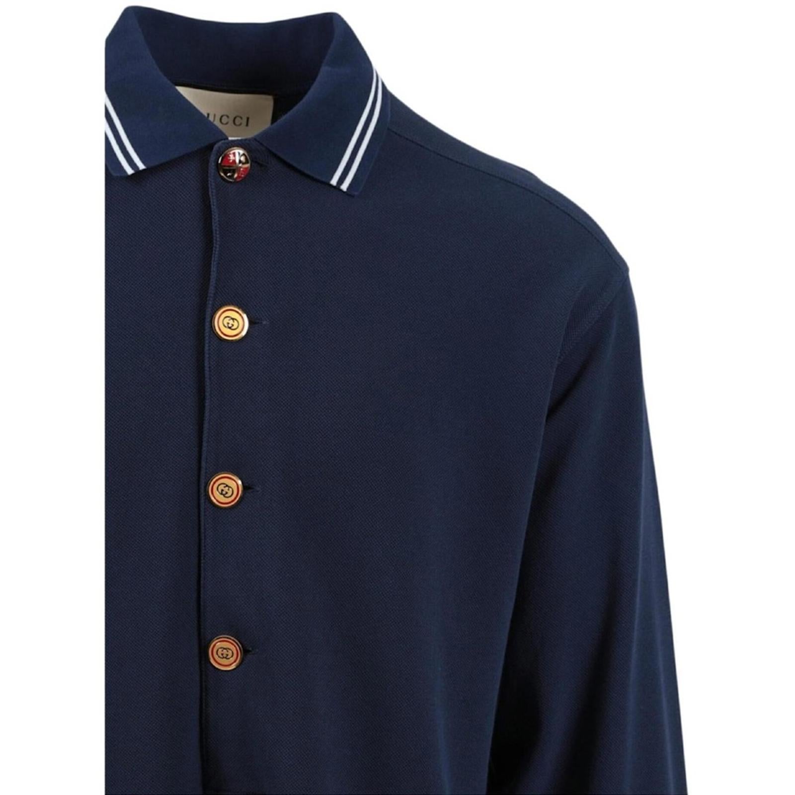 Gucci SS21 Long Sleeves Polo Heavy Cotton Jersey Shirt in Autumn Blue NWT $1,200