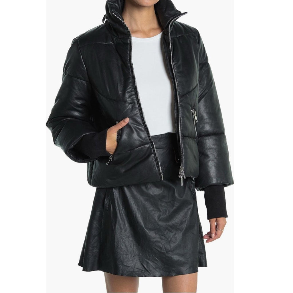 NEW Walter Baker Edwina Puffer Jacket 100% Lamb Leather, Black, NEW w/o Tag $748