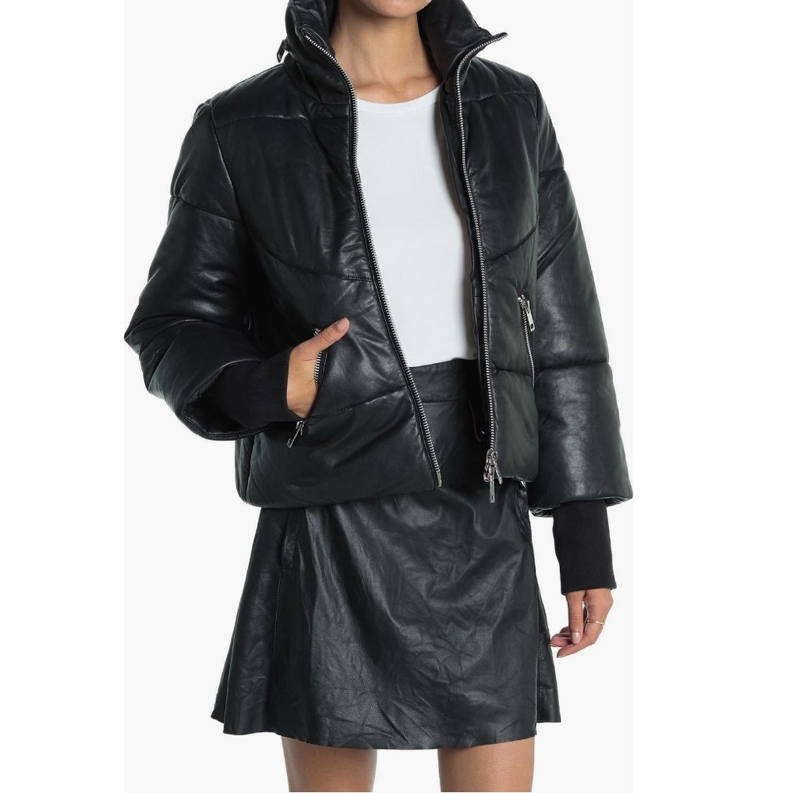NEW Walter Baker Edwina Puffer Jacket 100% Lamb Leather, Black, NEW w/o Tag $748