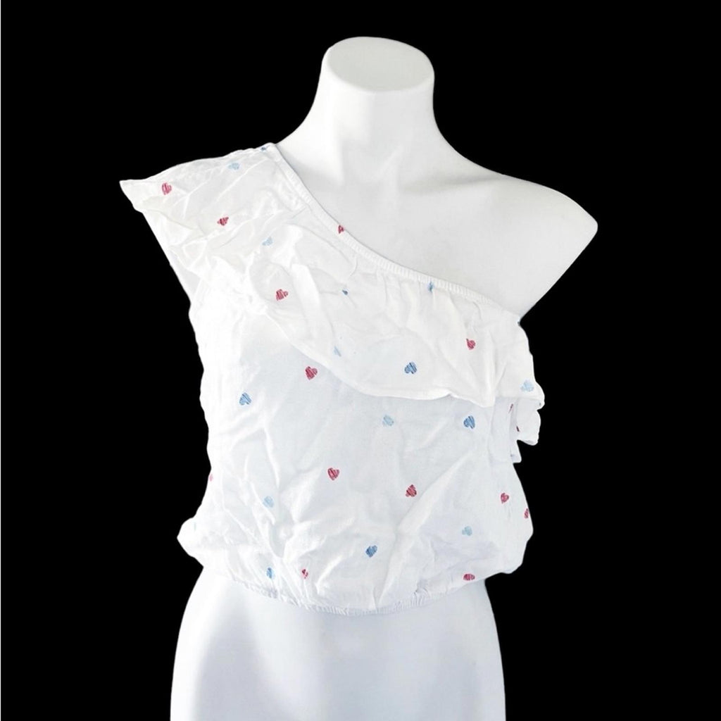 Hippie Rose Tiered One Shoulder Top Red Blue Hearts NWT