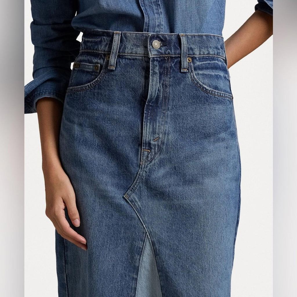 Polo Ralph Lauren Deconstructed Patchwork Denim Midi-Skirt in Blue, Size 28, NEW
