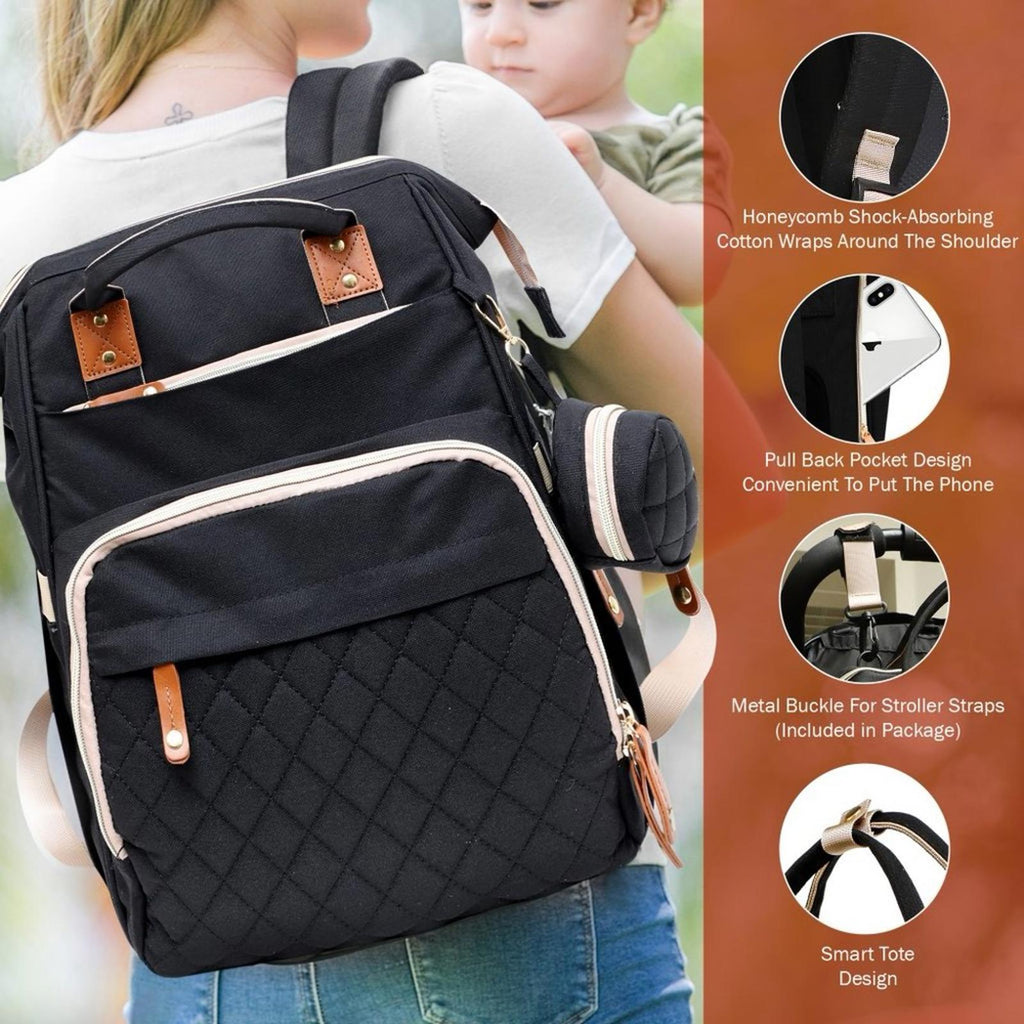 Akshomz Diaper Bag Backpack with Changing Station – Black Tan – New