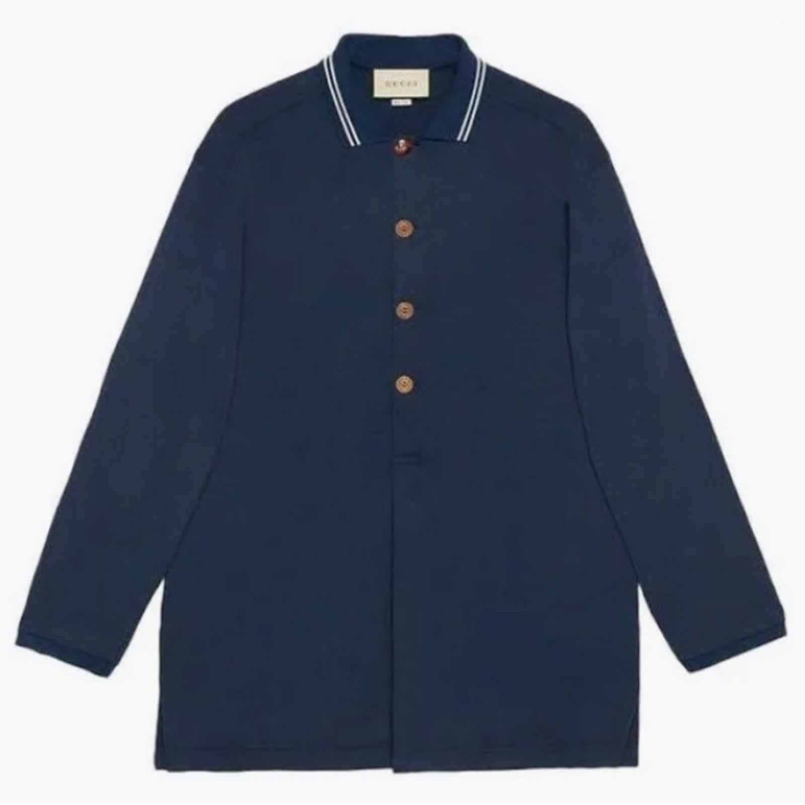 Gucci SS21 Long Sleeves Polo Heavy Cotton Jersey Shirt in Autumn Blue NWT $1,200