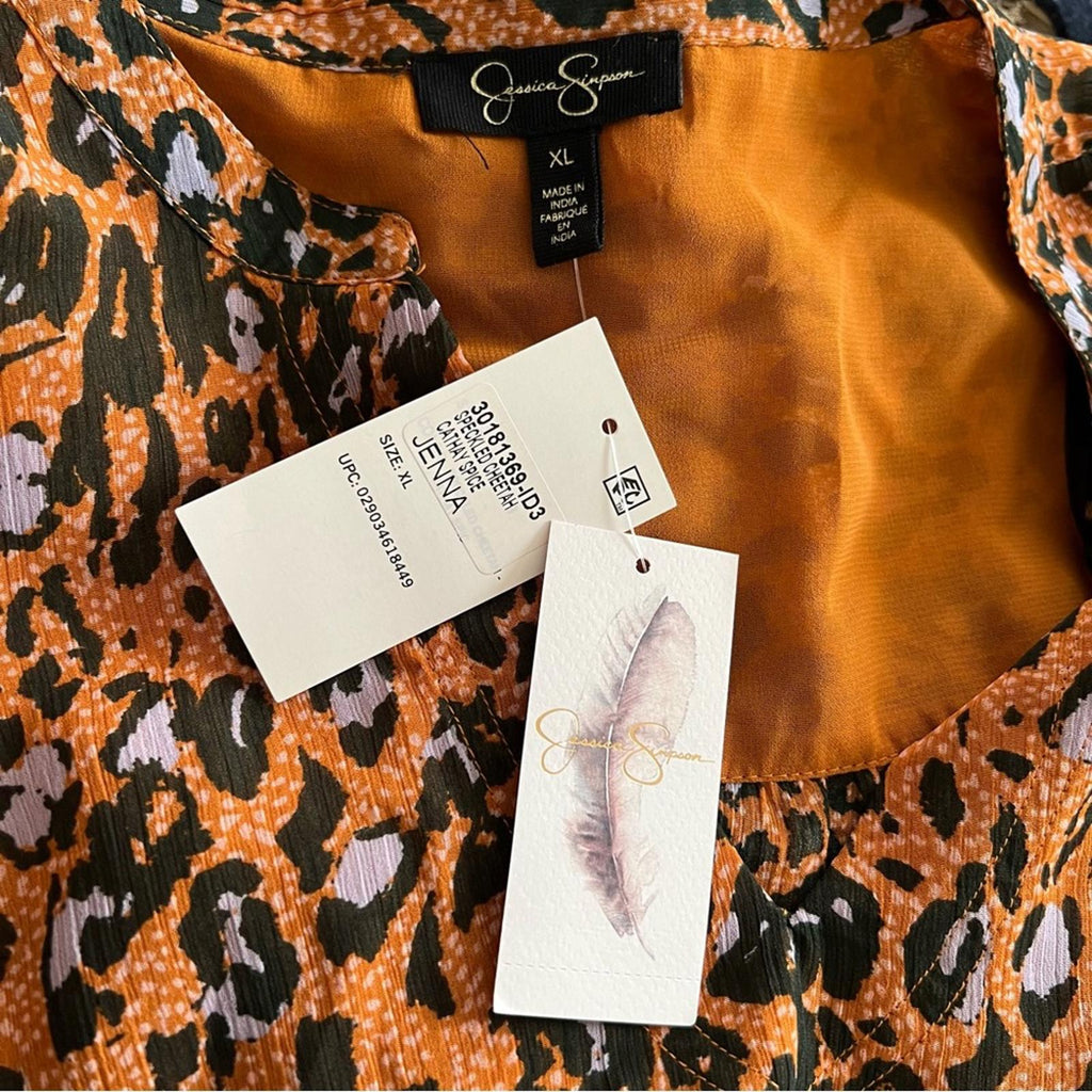 Jessica Simpson Jenna Crinkled Chiffon Blouse in Speckled Cheetah, Size XL, NWT
