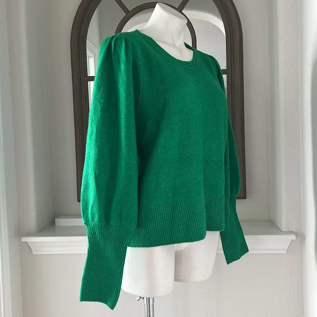 NEW CeCe Juliet Sleeve Puff Sleeve Crewneck Sweater, Green Size L New w/Tag