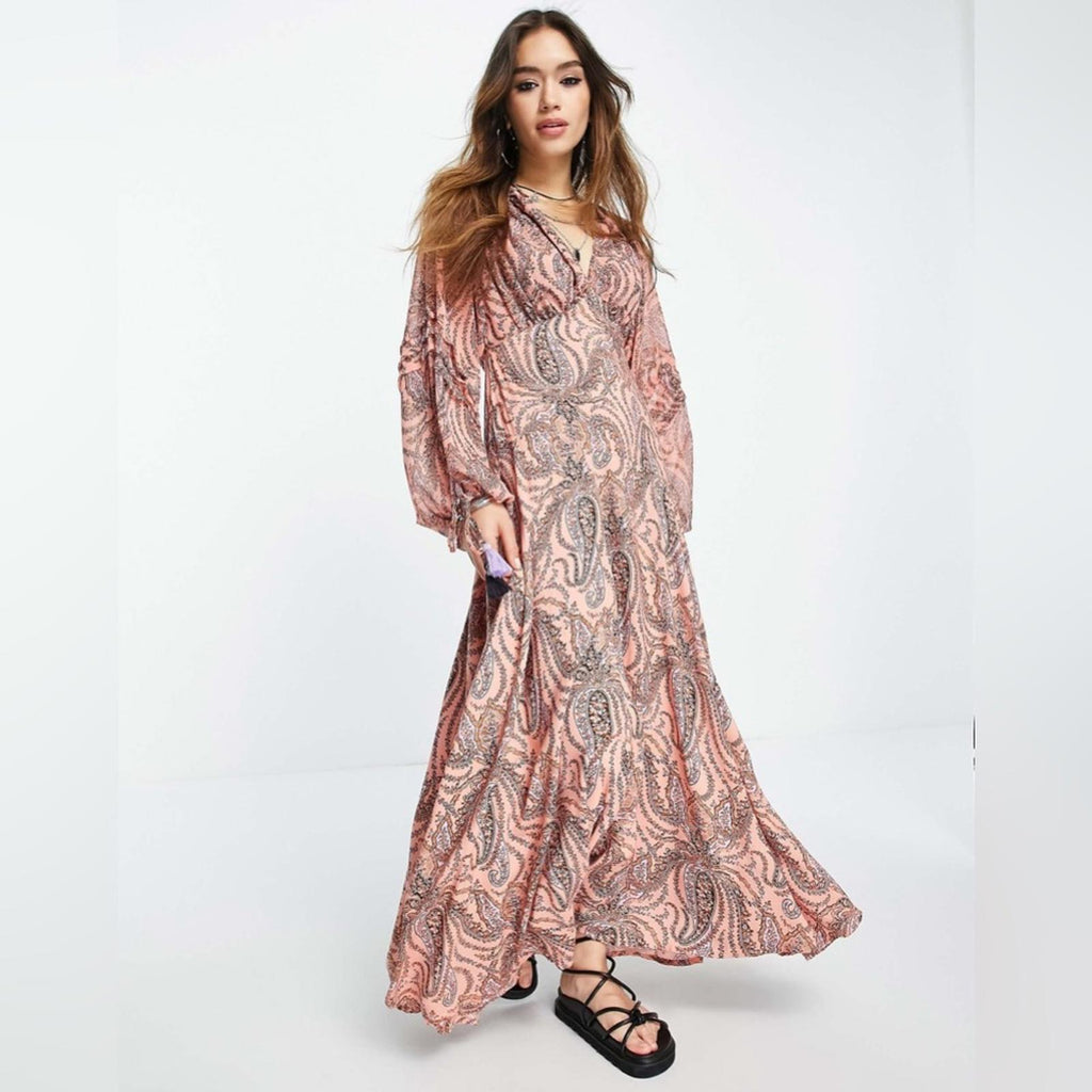 Free People Mirage Boho Printed Maxi Dress in Orange Maxikjole Size 4 NEW $198