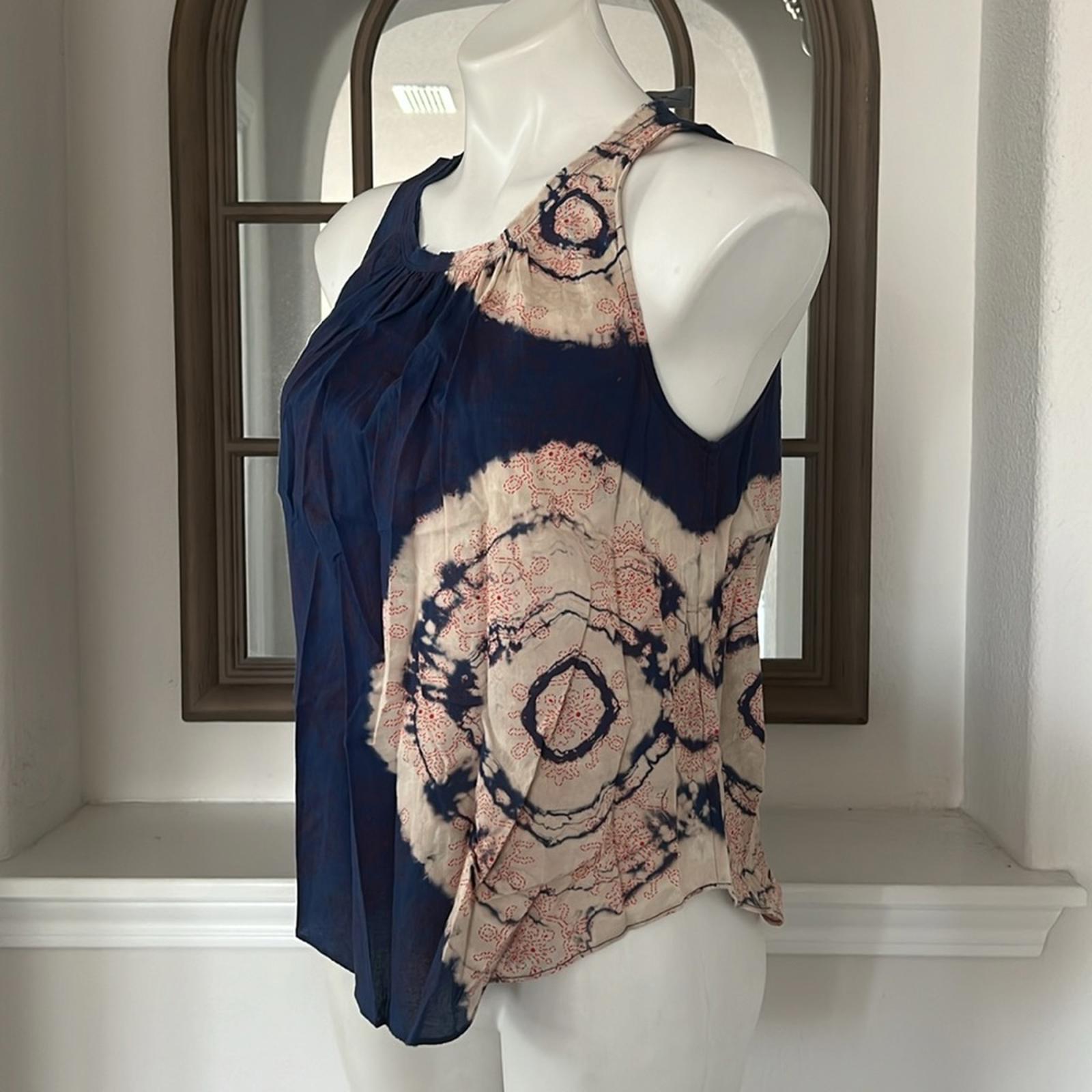 Raquel Allegra Voile Block Print Shirred Sleeveless Top, Blue/Red Size 0 $132.50