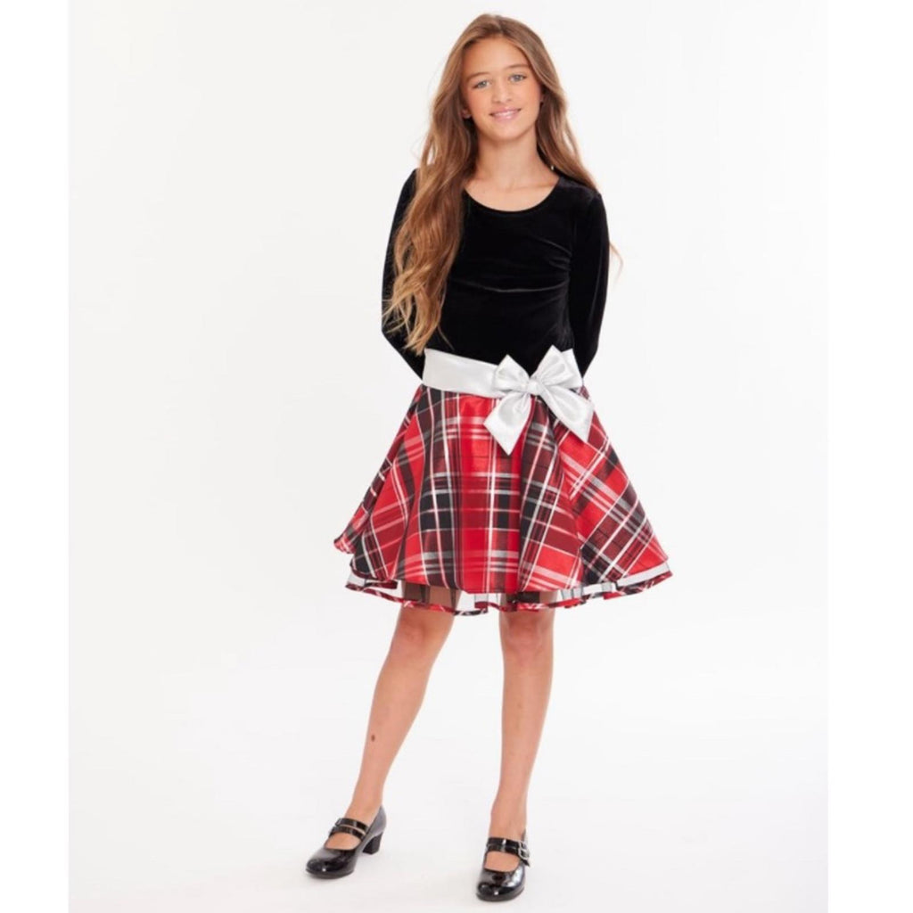 Bonnie Jean Long Sleeve Velvet Bodice w/Plaid Skirt Dress, Red Black 2/2T NEW