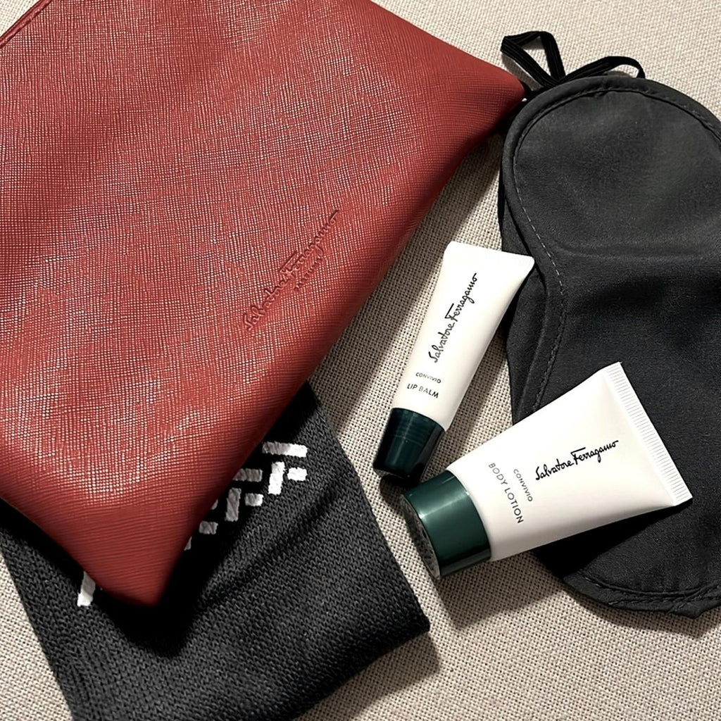 NEW Salvatore Ferragamo Cosmetic Pouch + Travel Size Lotion + Lip Balm + Extras